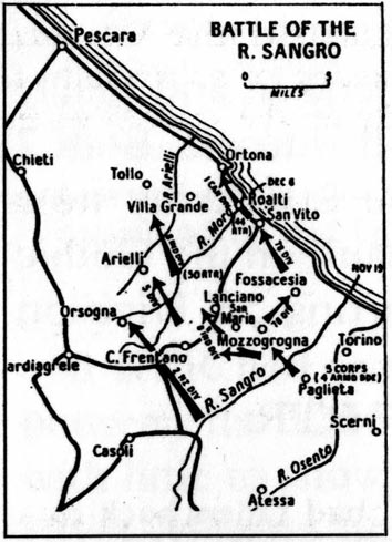 Map of the Battle of the River Sangro. This also shows the River Moro. Click for larger version.