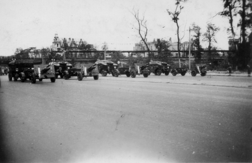 Quad Tractors, limbers and 25 pdr guns of 3rd Royal Horse Artillery in the parade.