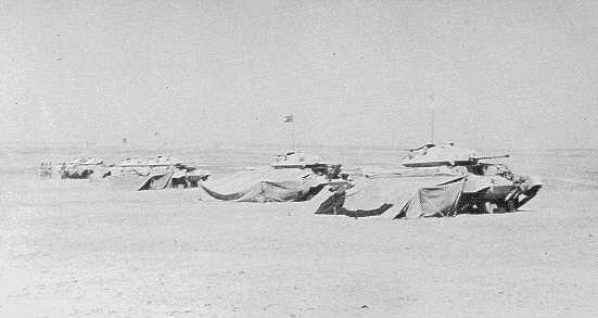 Crews and Tanks from A Squadron resting during the noon day sun. Not the use of canvas covers to provide protection for the crews from the sun.