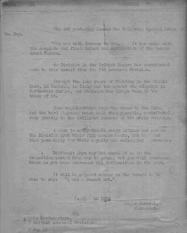 Divisional Order of the Day, 9th May 1945. Click on the picture for a better view.