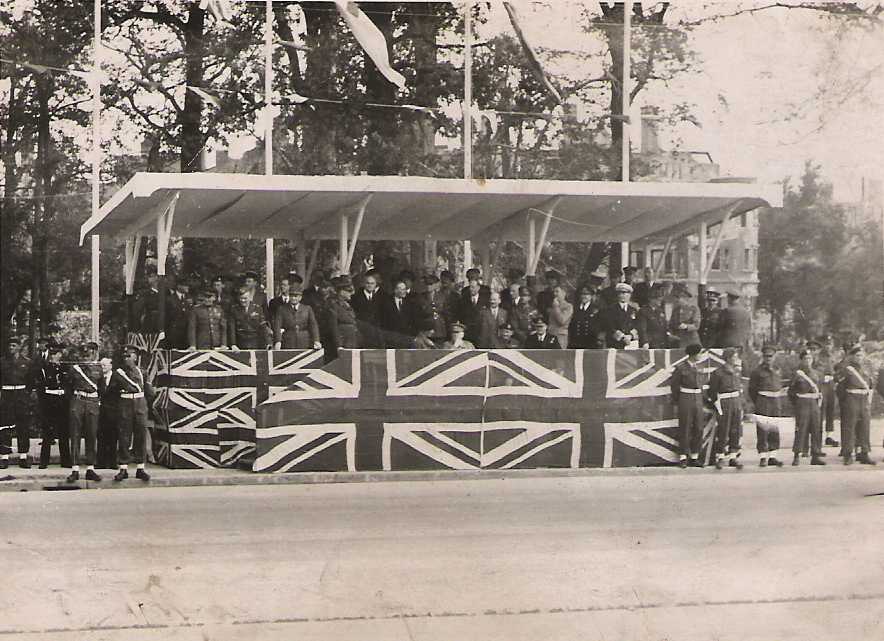 View of the Reviewing Rostrum with Churchill, Montgomery and other representatives from other nations.